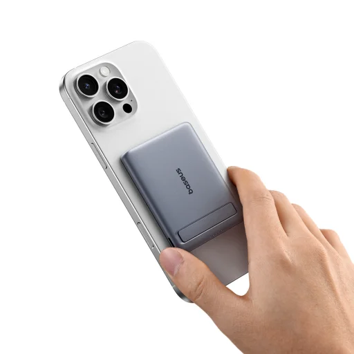 Powerbank Baseus PicoGo AM31 Qi2 5000mAh 20W ultrakeskeny kompatibilis MagSafe állványos fonott Baseus Simple USB-C 20cm kábel - szürke - 6