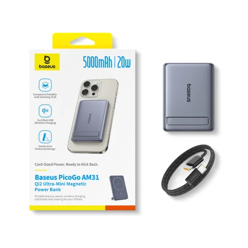 Powerbank Baseus PicoGo AM31 Qi2 5000mAh 20W ultrakeskeny kompatibilis MagSafe állványos fonott Baseus Simple USB-C 20cm kábel - szürke - 9