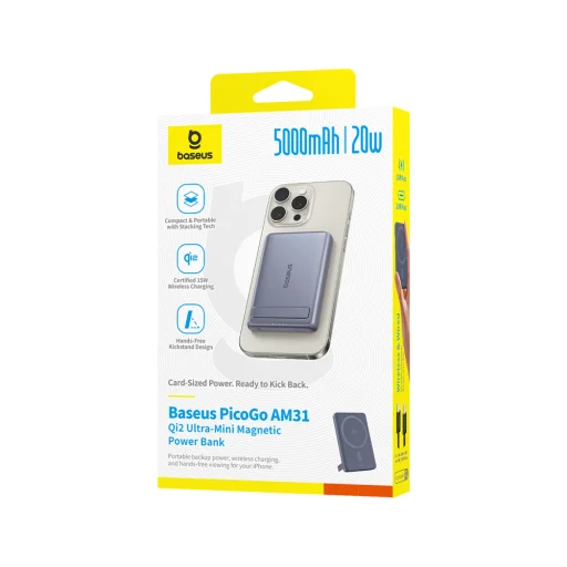 Powerbank Baseus PicoGo AM31 Qi2 5000mAh 20W ultrakeskeny kompatibilis MagSafe állványos fonott Baseus Simple USB-C 20cm kábel - szürke - 10