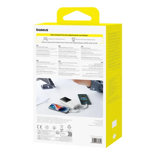 Baseus Lipow 20000mAh 22,5W Powerbank két beépített kábellel és egy Baseus Simple USB-A - USB-C 3A 20cm kábellel - fehér - 9