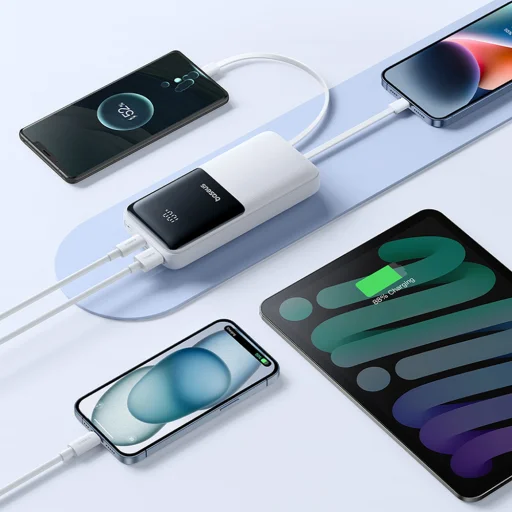Baseus Lipow 20000mAh 22,5W Powerbank két beépített kábellel és egy Baseus Simple USB-A - USB-C 3A 20cm kábellel - fehér - 10