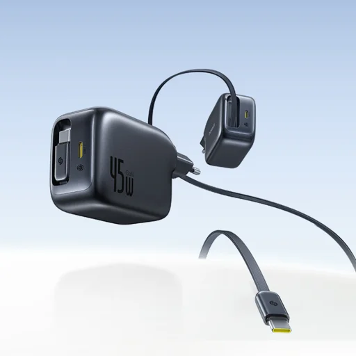 Baseus EnerCore CJ11 45W hálózati USB-C töltő adapter beépített visszahúzható USB-C kábellel - fekete - 5