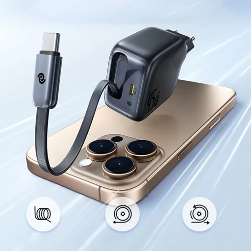 Baseus EnerCore CJ11 45W hálózati USB-C töltő adapter beépített visszahúzható USB-C kábellel - fekete - 6