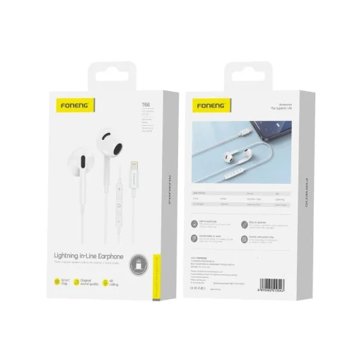 FONENG vezetékes fülhallgatók T66 Lightning mikrofonnal 1.2M Fehér - 1