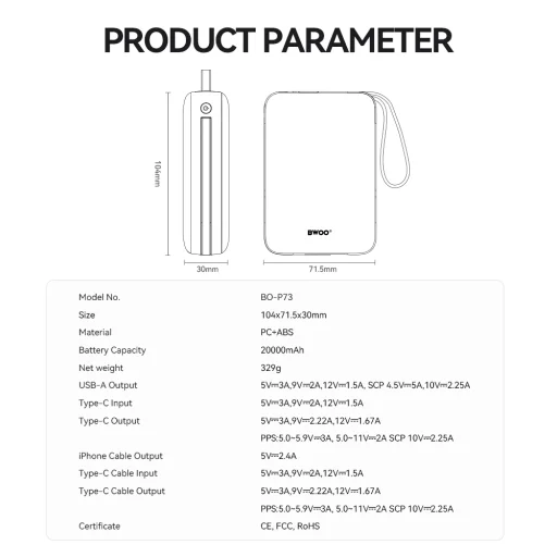 BWOO P73 power bank 22.5W 20000 mAh 2 beépített kábel 1 x USB-C 1 x Lightning fekete - 3
