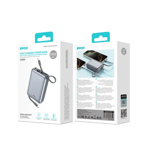 BWOO P73 power bank 22.5W 20000 mAh 2 beépített kábel 1 x USB-C 1 x Lightning fekete - 4