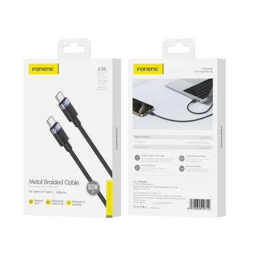 FONENG X115 USB-C - USB-C PD 60W 1M Fekete Type-C USB kábel - 1