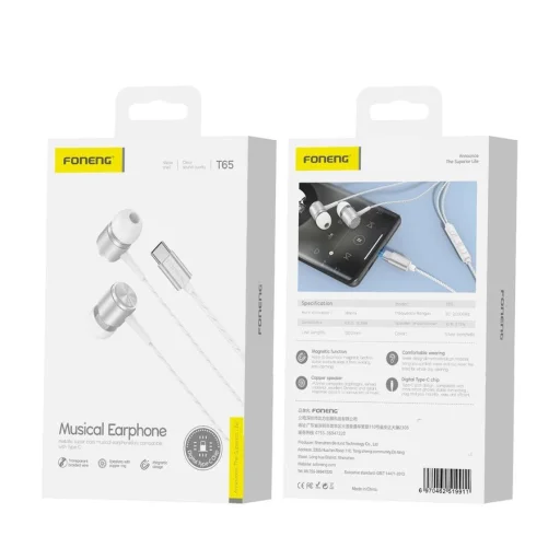 Vezetékes fülhallgatók FONENG T65 USB-C mikrofonnal 1.2M Fehér - 1