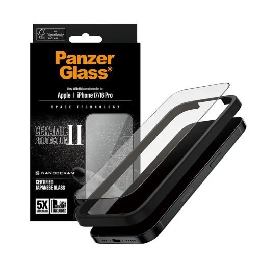 iPhone 17 / iPhone 16 Pro Fekete PanzerGlass® Ultra-Wide Fit Ceramic II Képernyővédő EasyAlignerrel üvegfólia - 1