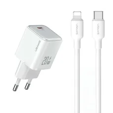 USAMS US-CC183 1xUSB-C PD20W PD3.0 Gyors töltésű fehér töltő + USB-C/Lightning kábel