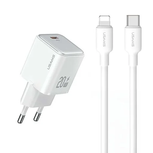 USAMS US-CC183 1xUSB-C PD20W PD3.0 Gyors töltésű fehér töltő + USB-C/Lightning kábel - 1