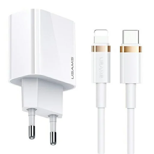 USAMS T34 1xUSB-C 20W töltő + U63 USB-C - Lightning kábel, fehér - 1
