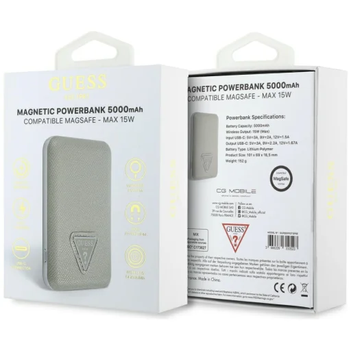 Guess Grained Triangle indukciós powerbank 5000mAh 15W USB-C MagSafe bézs - 5