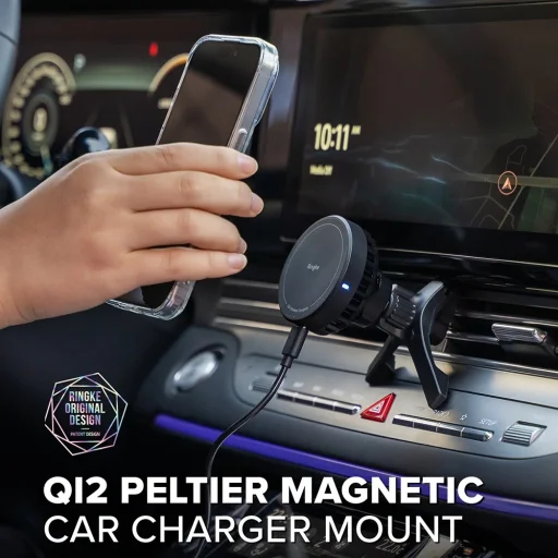 Ringke Autós tartó vezeték nélküli töltéssel Peltier - Mágneses, Qi2, légbefúvóra, 25W - Fekete - 8