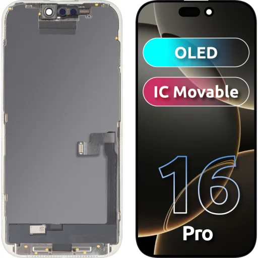 LCD kijelzőmodul MP Apple iPhone 16 Pro, OLED FHD IC mozgatható verzió, utángyártott, fekete üvegfólia - 1