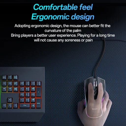Yesido Fekete Wireless Mouse (KB20) Gamer Egér, Vezetékes, DPI:1000-7200, RGB Fény, USB, Windows/XP/7/8/10/11/MAC 05, 110cm - 2