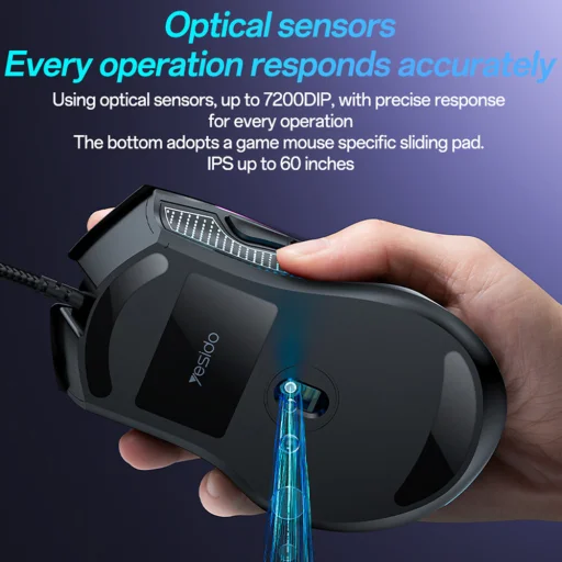 Yesido Fekete Wireless Mouse (KB20) Gamer Egér, Vezetékes, DPI:1000-7200, RGB Fény, USB, Windows/XP/7/8/10/11/MAC 05, 110cm - 3