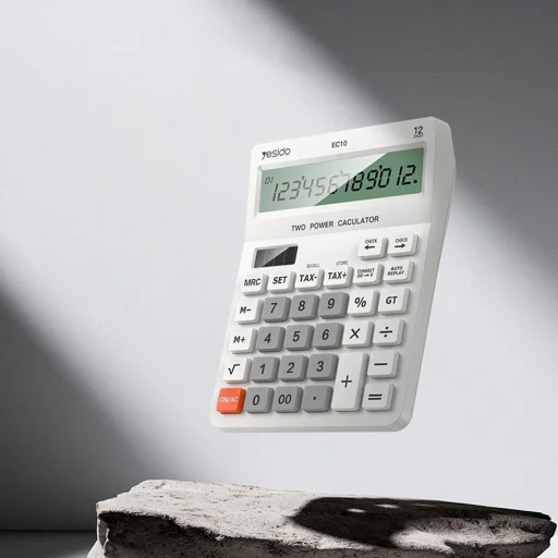 Yesido - Asztali számológép (EC10) - LCD kijelző, ergonomikus kialakítás, napelemes és elemes áramforrás, max 12 számjegyű szám - Fehér - 3