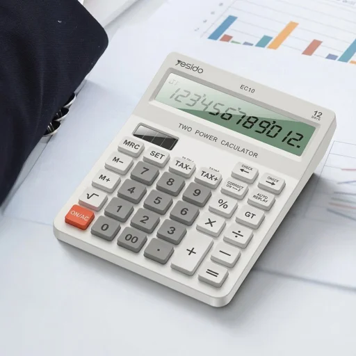 Yesido - Asztali számológép (EC10) - LCD kijelző, ergonomikus kialakítás, napelemes és elemes áramforrás, max 12 számjegyű szám - Fehér - 6