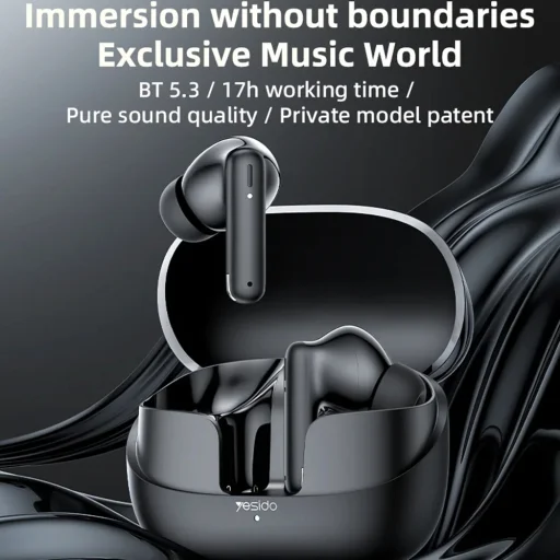 Yesido - Vezeték nélküli fülhallgatók (TWS26) - Sztereó, mikrofonnal, Bluetooth, 13mm hangszóró, fülbe helyezhető kialakítás, 250mAh - Fekete - 3