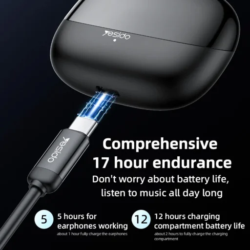 Yesido - Vezeték nélküli fülhallgatók (TWS26) - Sztereó, mikrofonnal, Bluetooth, 13mm hangszóró, fülbe helyezhető kialakítás, 250mAh - Fekete - 5