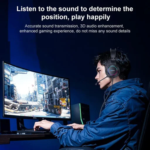 Vezetékes fejhallgató Yesido EK05 - Játékhoz, USB, mikrofonnal, RGB LED világítással - Fekete - 5