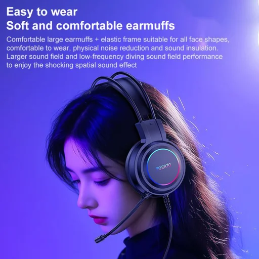 Vezetékes fejhallgató Yesido EK05 - Játékhoz, USB, mikrofonnal, RGB LED világítással - Fekete - 7