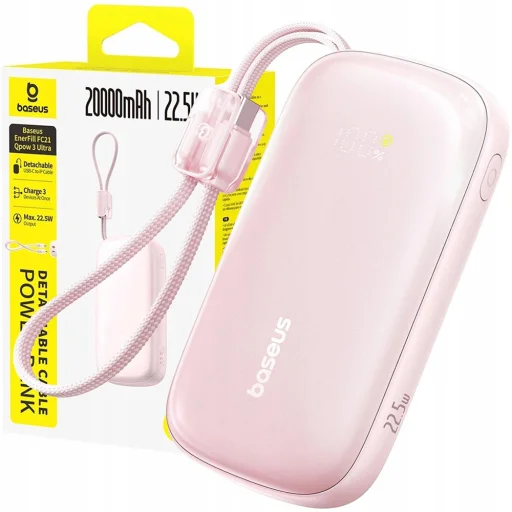 Baseus EnerFill FC21 Qpow 3 Ultra Power Bank levehető kábellel, 10000mAh, 22.5W, Digitális Kijelző - Nebula Pink - 7