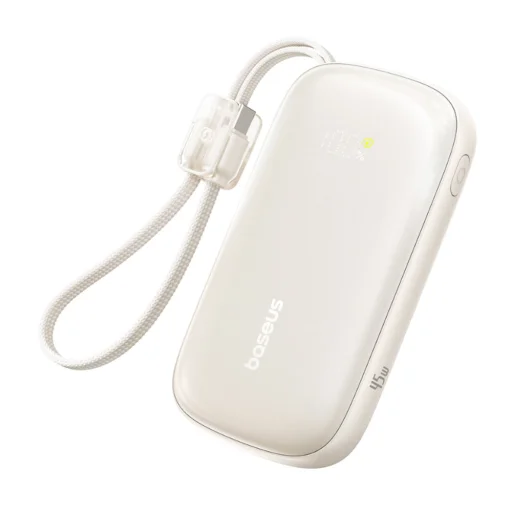 Power Bank EnerFill FC21 Qpow 3 Ultra Baseus - levehető kábellel, 20000mAh, 45W, digitális kijelző - Natúr Titán - 1