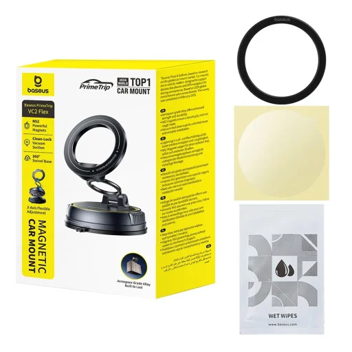 Baseus PrimeTrip VC2 Flex (C0013803) mágneses autós tartó műszerfalra/szélvédőre, összecsukható, állítható, vákuumzáras - Fekete - 7