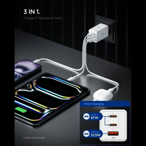 Spigen Essential Ee673eu 3-portos hálózati töltő 67W Fehér - 3