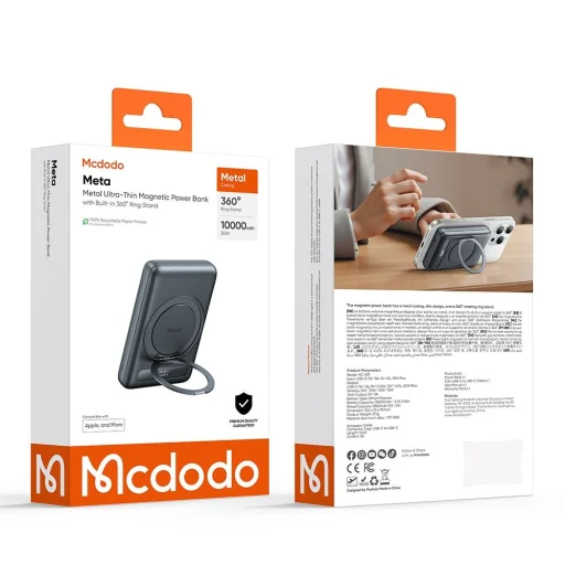 Magnetic Power Bank Meta Series Mcdodo (MC-8371) - Beépített 360°-os gyűrűs állvány, 10000mAh, 20W, digitális kijelző - Sötétszürke - 7