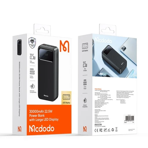 Power Bank Mcdodo (MC-4240) - Type-C + 2x USB-A portok, 30000mAh, 22.5W, LED kijelző - Fekete - 7