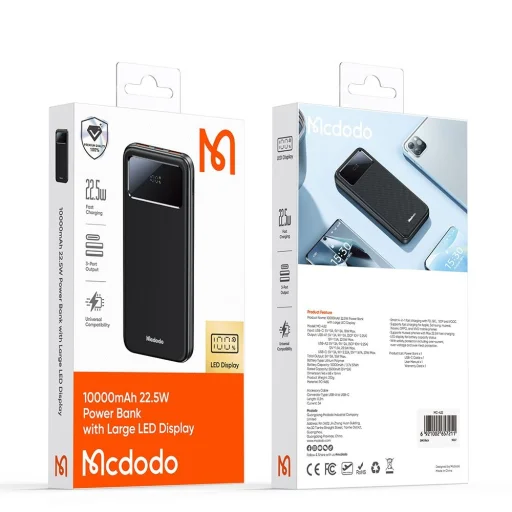 Power Bank Mcdodo (MC-4220) - Type-C + 2x USB-A Portok, 10000mAh, 22.5W, LED Kijelző - Fekete - 7