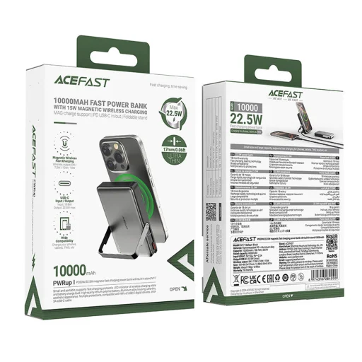 Acefast - Mágneses Vezeték Nélküli Power Bank (M17-10000) - Összecsukható Állvány, USB-C Port, 10000mAh, 20W, 22.5W, LED Kijelző - Fekete - 6