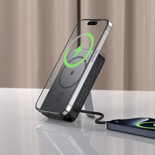 Magnetic Wireless Power Bank M24-10000 Acefast - Fém szürke, Type-C kábellel, tartóval, USB-C porttal, 10000mAh, 22.5W, LED - 5