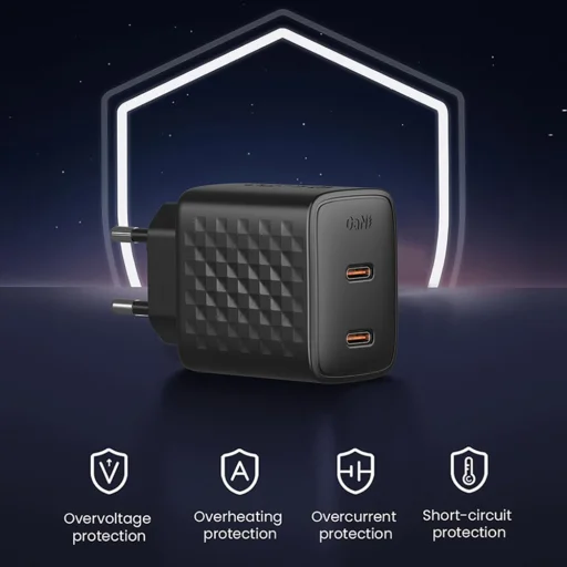 Lito Fali Töltő (LC22) - 2x Type-C Kimenet, PD45W, GaN, Tűzálló PC, EU Dugó - Fekete - 4