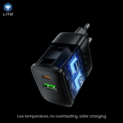 Lito Fali Töltő (LC24T) Type-C Kábellel, USB Kimenet, PD65W, GaN, Tűzálló PC, EU Dugó - Fekete - 6