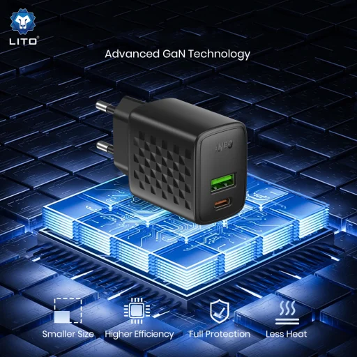 Lito Fali Töltő (LC24T) Type-C Kábellel, USB Kimenet, PD65W, GaN, Tűzálló PC, EU Dugó - Fekete - 4