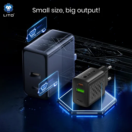 Lito Fali Töltő (LC24T) Type-C Kábellel, USB Kimenet, PD65W, GaN, Tűzálló PC, EU Dugó - Fekete - 3