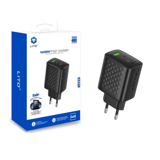 Lito - Fali töltő (LC25) - 2x Type-C, USB kimenet, PD65W, GaN, tűzálló PC, EU csatlakozó - Fekete - 1