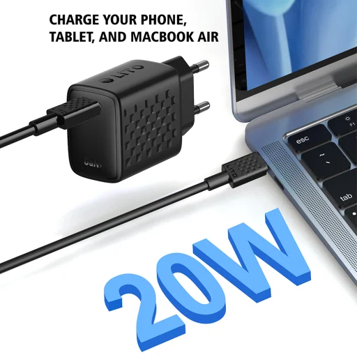 Lito Típus-C Kábel Tartozékos Fali Töltő (LC13T), Típus-C, PD20W, GaN, PC Tűzálló, EU Dugó - Fekete - 2