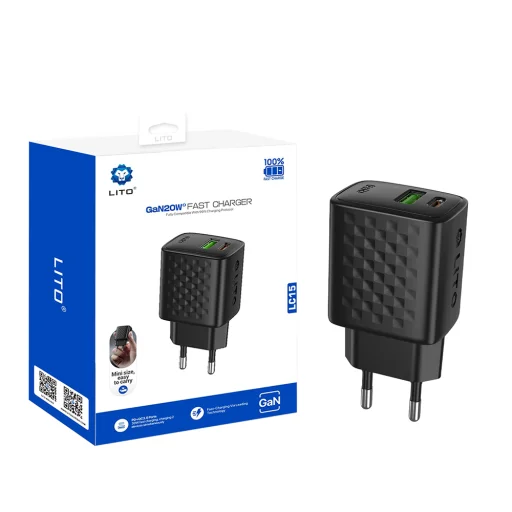 Lito - Fali töltő (LC15) - Type-C, USB kimenet, PD20W, GaN, tűzálló PC, EU csatlakozó - Fekete - 1