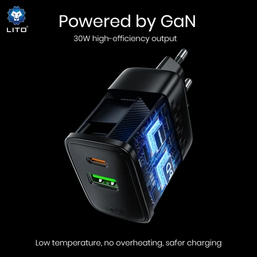 Lito - Fali töltő (LC19) - Type-C, USB kimenet, PD30W, GaN, PC tűzálló, EU csatlakozó - Fekete - 3