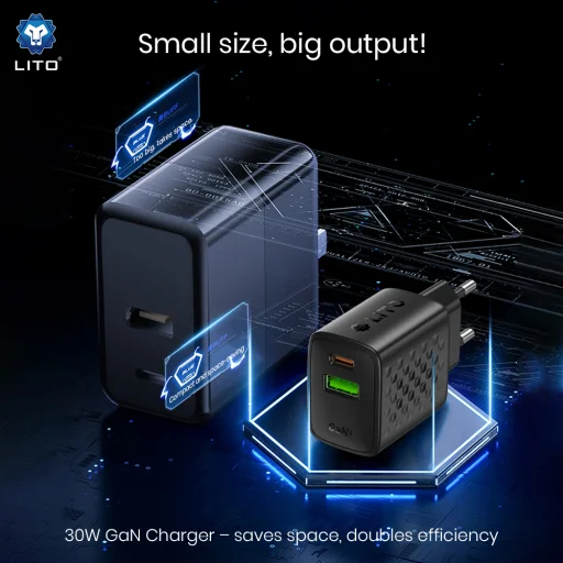 Lito - Fali töltő (LC19) - Type-C, USB kimenet, PD30W, GaN, PC tűzálló, EU csatlakozó - Fekete - 6