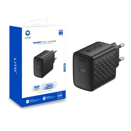 Hálózati töltő Lito Type-C Kimenet, PD45W, GaN, PC Tűzálló, EU Dugó - Fekete - 6