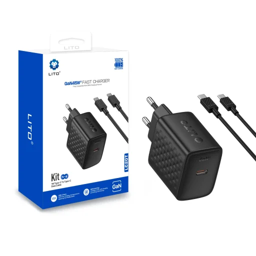 Lito Wall Charger LC20T Fali töltő - Type-C kábellel, Type-C kimenet, PD45W, GaN, PC tűzálló, EU csatlakozó - Fekete - 6