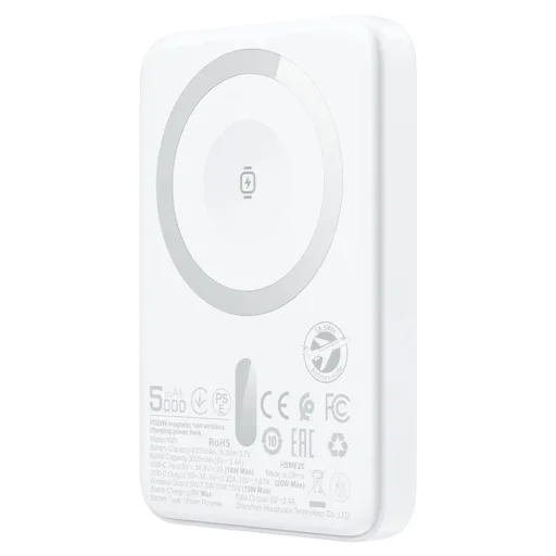 Acefast - Mágneses Vezeték Nélküli Power Bank (M25-5000) - MagSafe, Gyors Töltés, USB-C, 5000mAh, 20W, 5V/2.4A, LED Jelző - Fehér - 3