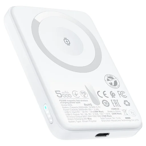 Acefast - Mágneses Vezeték Nélküli Power Bank (M25-5000) - MagSafe, Gyors Töltés, USB-C, 5000mAh, 20W, 5V/2.4A, LED Jelző - Fehér - 1