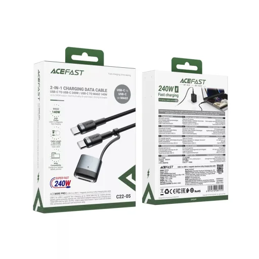 Acefast - Adatkábel (C22-05) - Gyors töltés, Type-C to Type-C, MagSafe 3 Adapter, 240W, 48V/5A, 1.2m - Fekete - 13